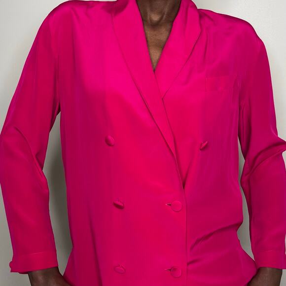 VINTAGE | 90s Fuschia Barbie Pink Pure Silk Double Breasted Shawl Collar Blouse - Picture 6 of 9